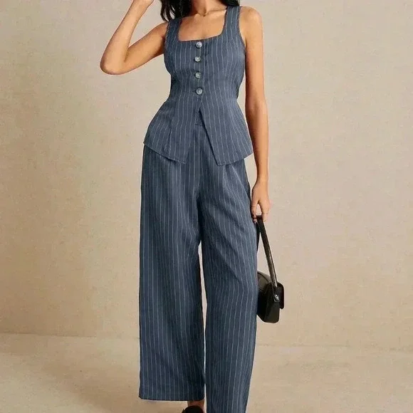 Gray Casual Women's Summer Old Money Striped Tank Top And Pants Set - Picture 7 of 8